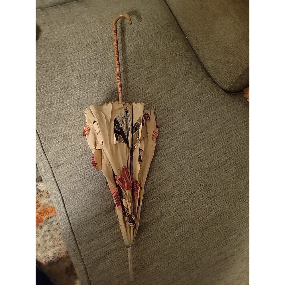 Unique Vintage Parasol Umbrella Art Wooden Carved Handle Paper Artist Movie Prop